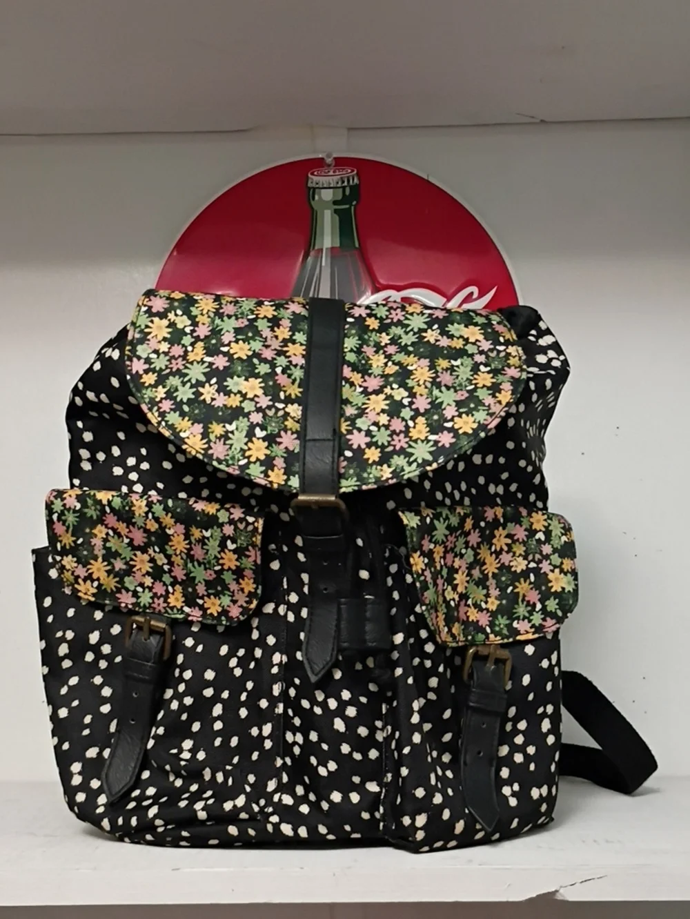 Black Floral Canvas Backpack with Colorful Ditsy Print